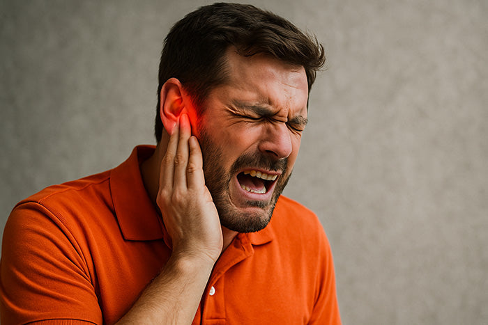 A man in an orange polo shirt clutching his ear in visible pain, eyes shut tightly, with a red glow highlighting the discomfort in his right ear against a neutral background.