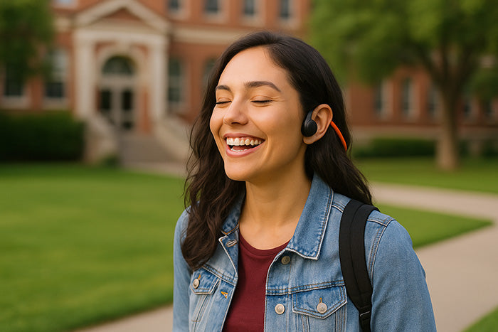 A young woman standing on a college campus with a joyful smile, eyes closed, wearing black and orange open-ear headphones and a denim jacket, enjoying music in the sunlight.