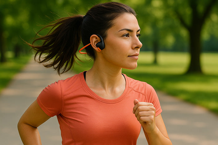 A young athletic woman jogging in a sunny park while wearing black and orange open-ear bone conduction headphones, with her hair in a ponytail and dressed in a coral workout shirt.