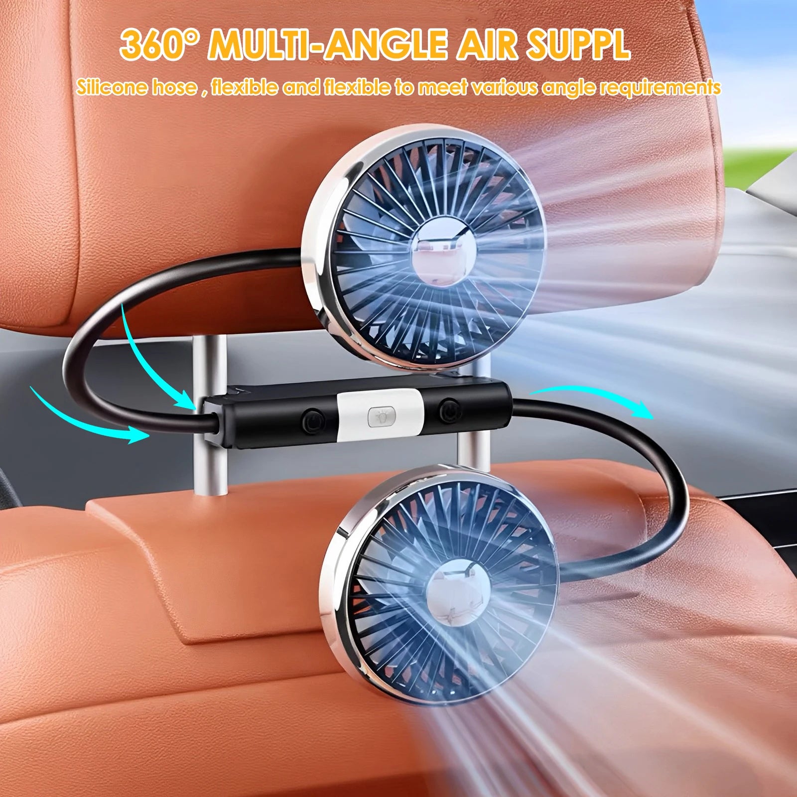 BreezeFlex Dual Car Fan – USB-Powered Backseat Cooling with LED Light & 360° Adjustment