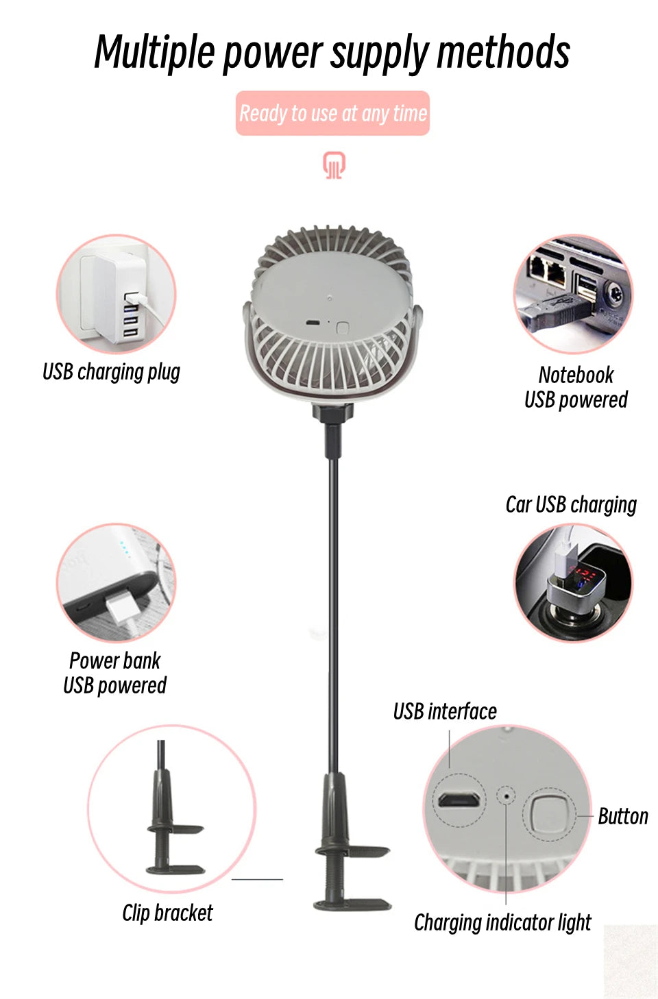 FlexiCool Clip Fan – 720° Adjustable USB Desk Fan with Strong Wind & Quiet Operation