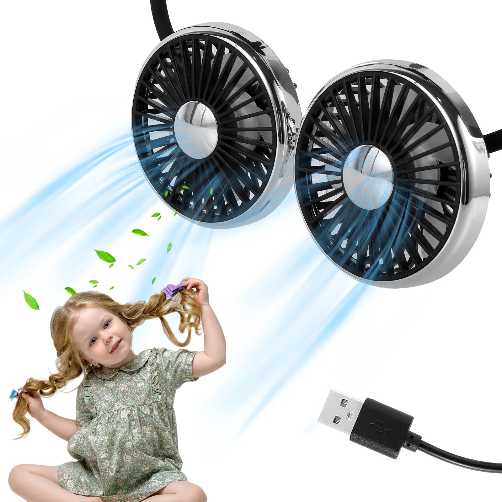 BreezeFlex Dual Car Fan – USB-Powered Backseat Cooling with LED Light & 360° Adjustment