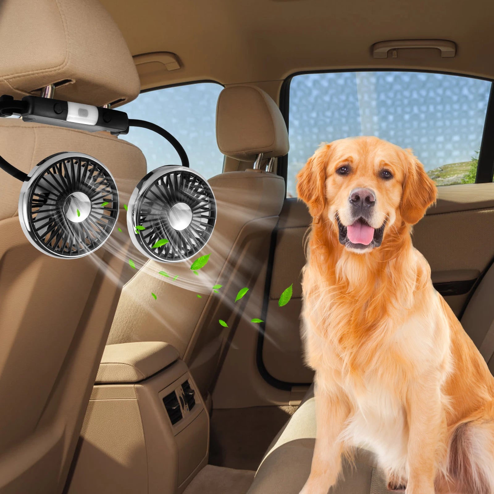 BreezeFlex Dual Car Fan – USB-Powered Backseat Cooling with LED Light & 360° Adjustment