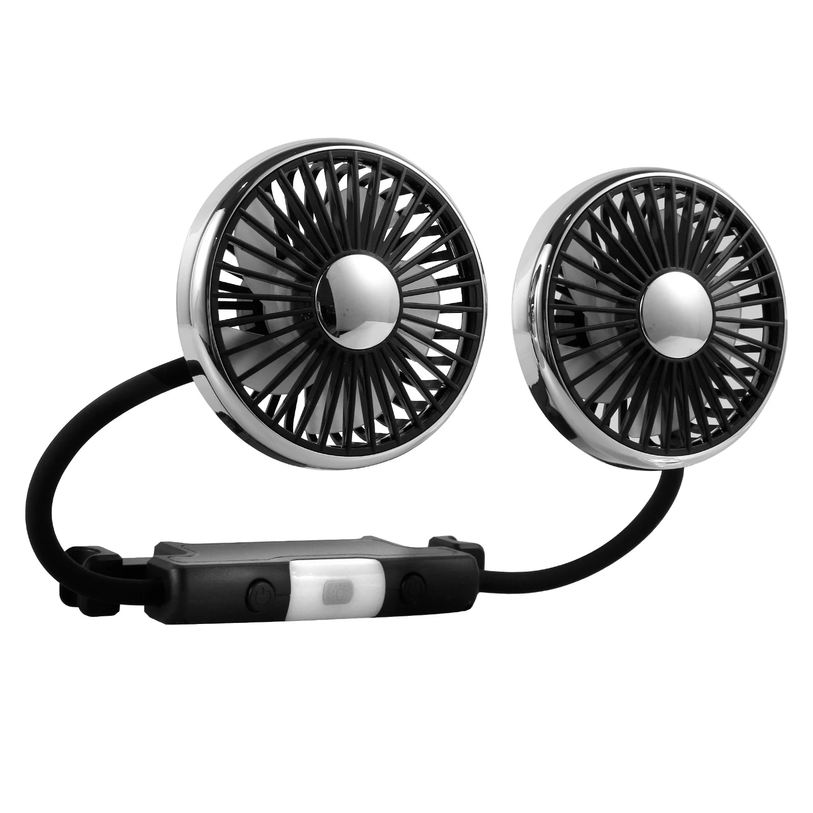 BreezeFlex Dual Car Fan – USB-Powered Backseat Cooling with LED Light & 360° Adjustment