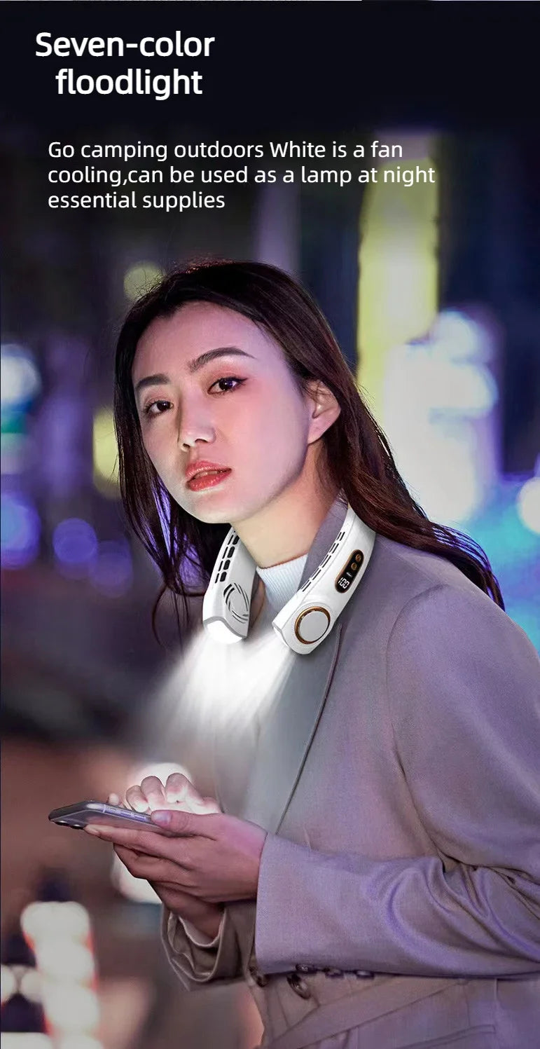 AeroWrap Bladeless Neck Fan – 4000mAh Wearable Cooling with LED for Daily Use & Night Runs