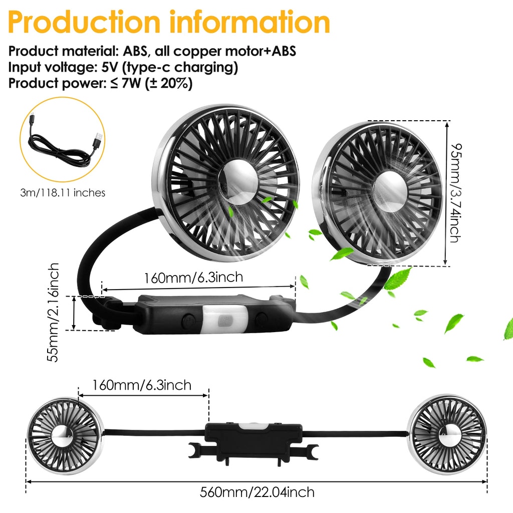 BreezeFlex Dual Car Fan – USB-Powered Backseat Cooling with LED Light & 360° Adjustment