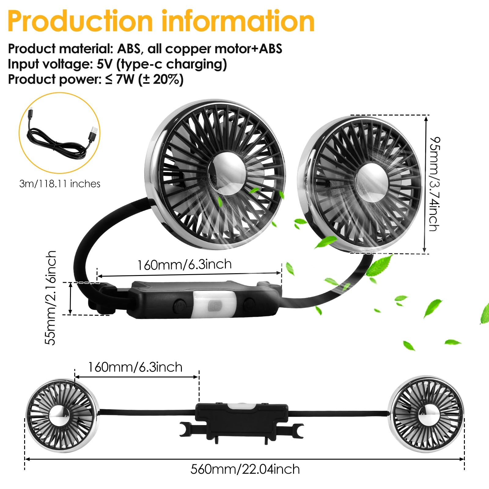 BreezeFlex Dual Car Fan – USB-Powered Backseat Cooling with LED Light & 360° Adjustment