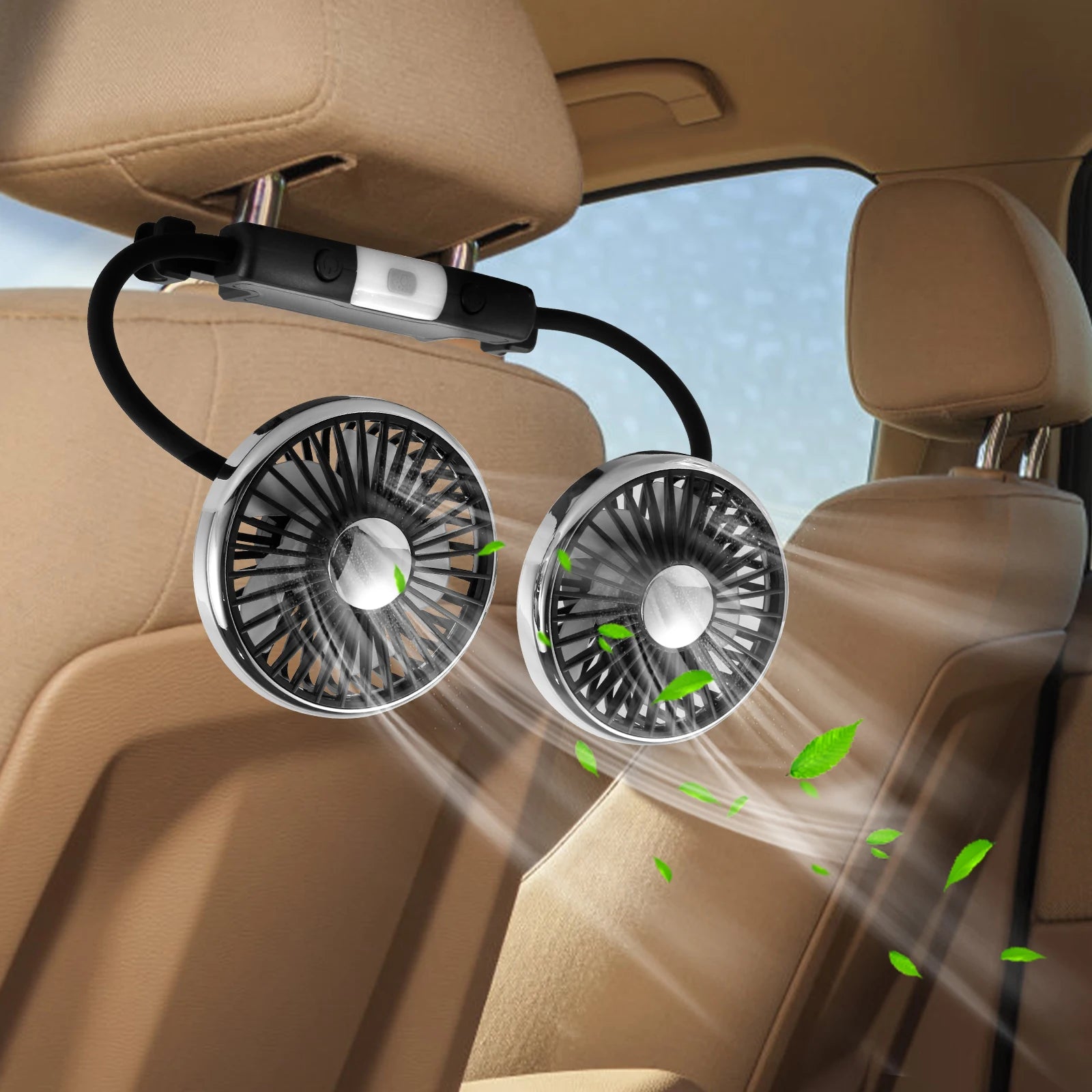 BreezeFlex Dual Car Fan – USB-Powered Backseat Cooling with LED Light & 360° Adjustment