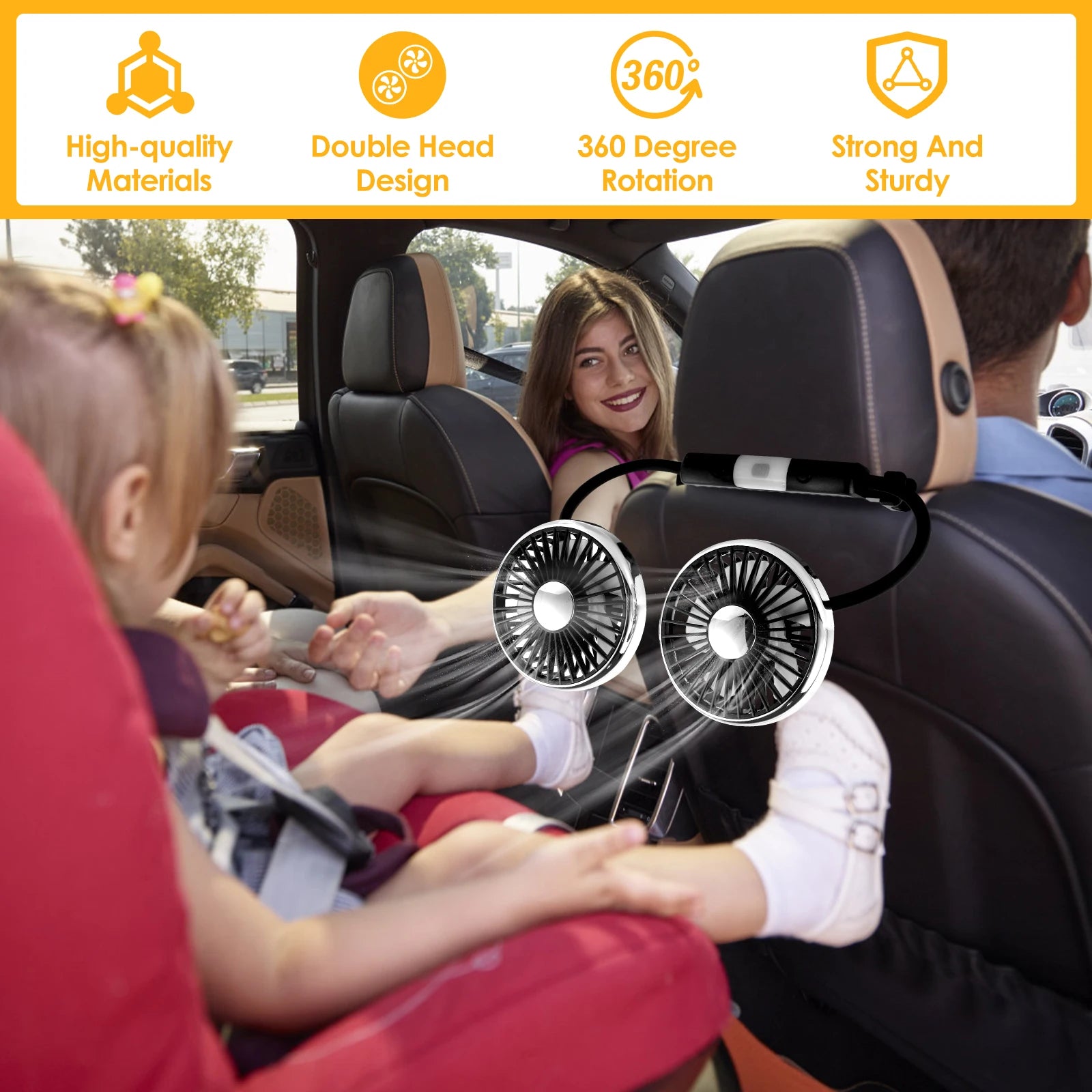 BreezeFlex Dual Car Fan – USB-Powered Backseat Cooling with LED Light & 360° Adjustment